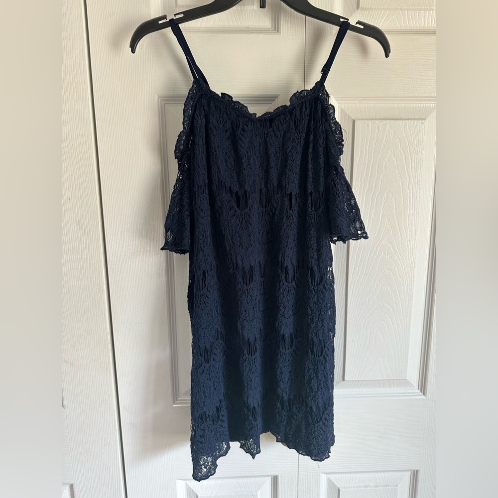 Blue lace crochet off shoulder dress